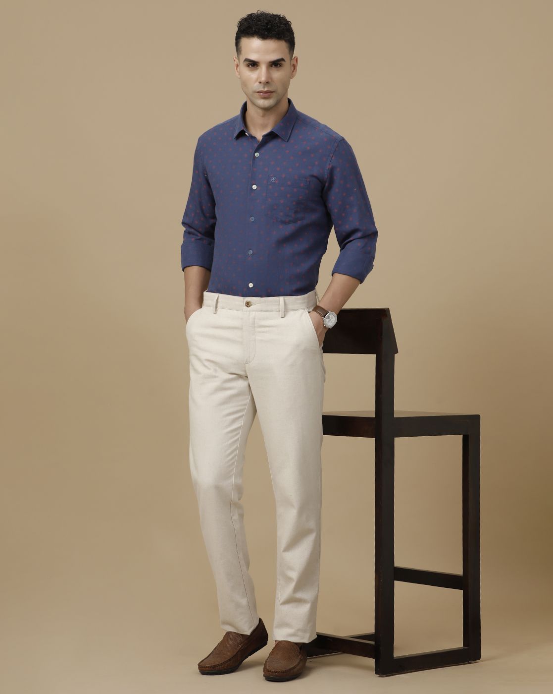 Linen Club Men's Linen Rich Blue Printed Contemporary Fit Full Sleeve Casual Shirt