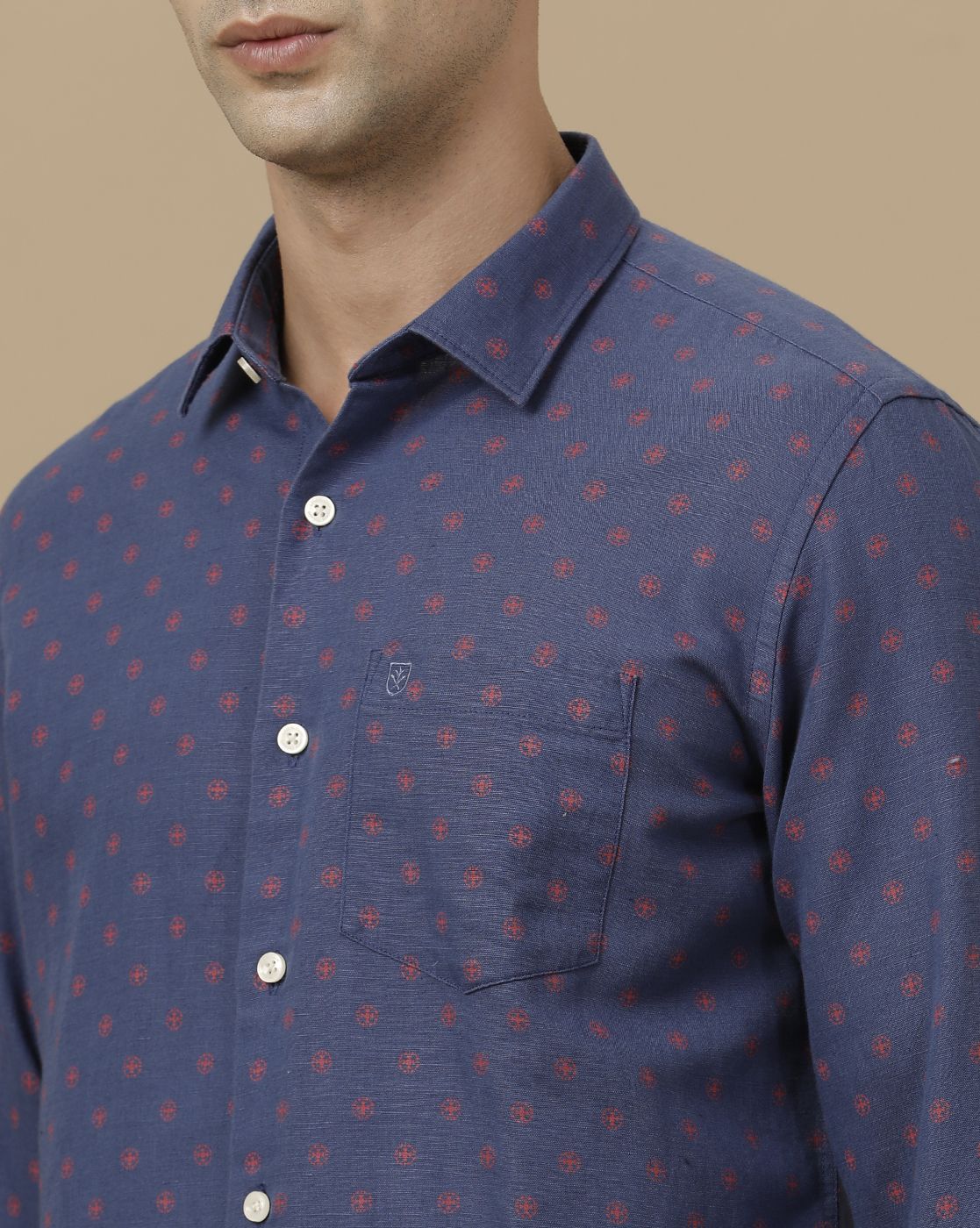 Linen Club Men's Linen Rich Blue Printed Contemporary Fit Full Sleeve Casual Shirt