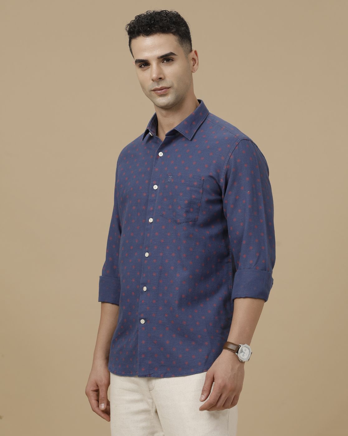 Linen Club Men's Linen Rich Blue Printed Contemporary Fit Full Sleeve Casual Shirt