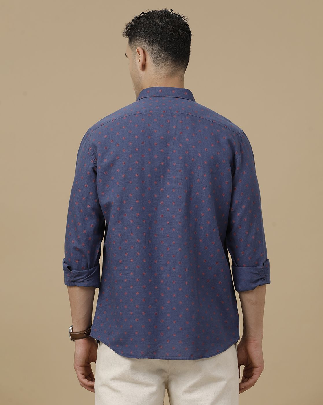 Linen Club Men's Linen Rich Blue Printed Contemporary Fit Full Sleeve Casual Shirt