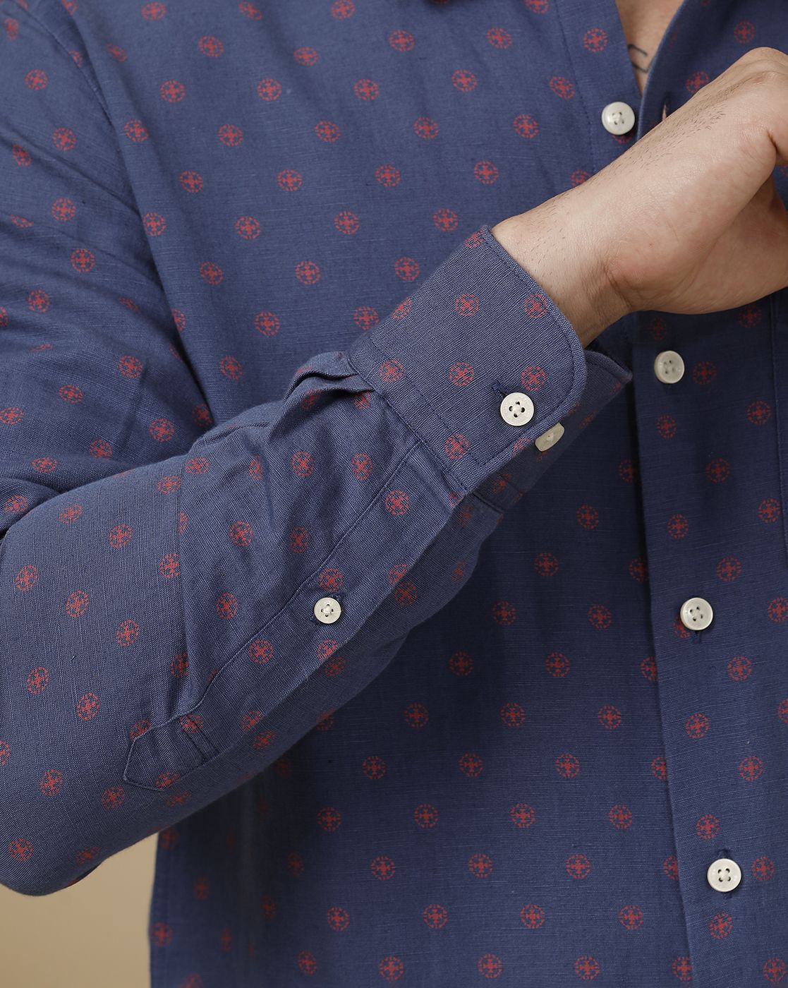 Linen Club Men's Linen Rich Blue Printed Contemporary Fit Full Sleeve Casual Shirt