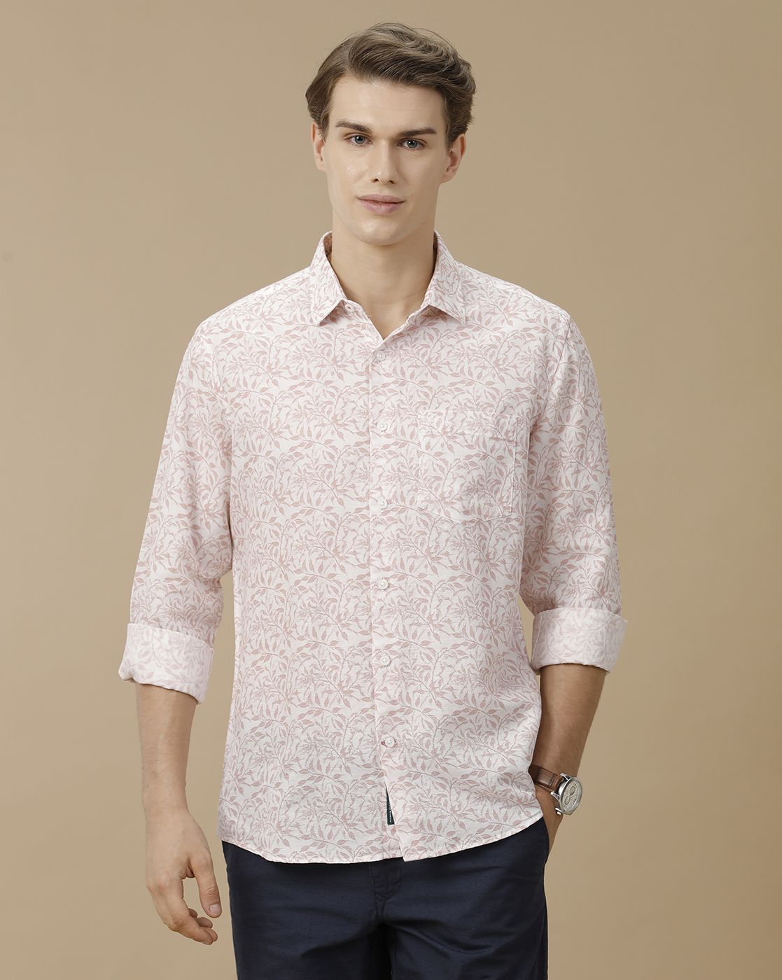 Men's Linen Rich Pink Printed Contemporary Fit Full Sleeve Casual Shirt