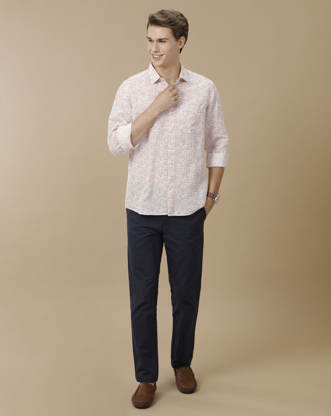 Men's Linen Rich Pink Printed Contemporary Fit Full Sleeve Casual Shirt