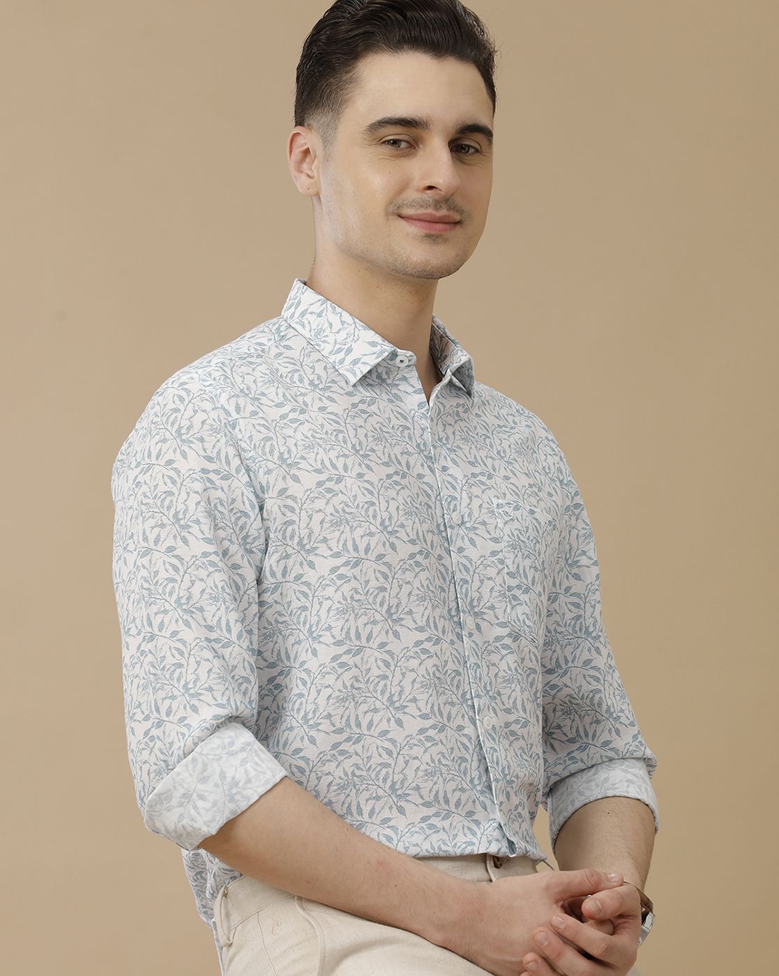 Men's Linen Rich Blue Printed Contemporary Fit Full Sleeve Casual Shirt