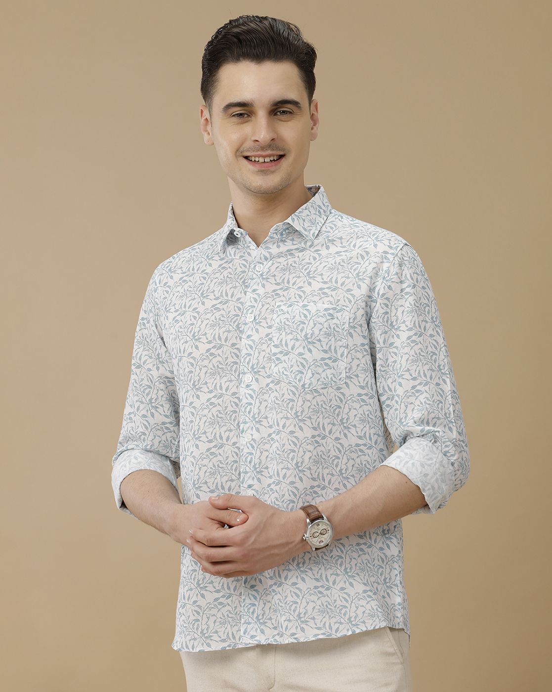 Men's Linen Rich Blue Printed Contemporary Fit Full Sleeve Casual Shirt