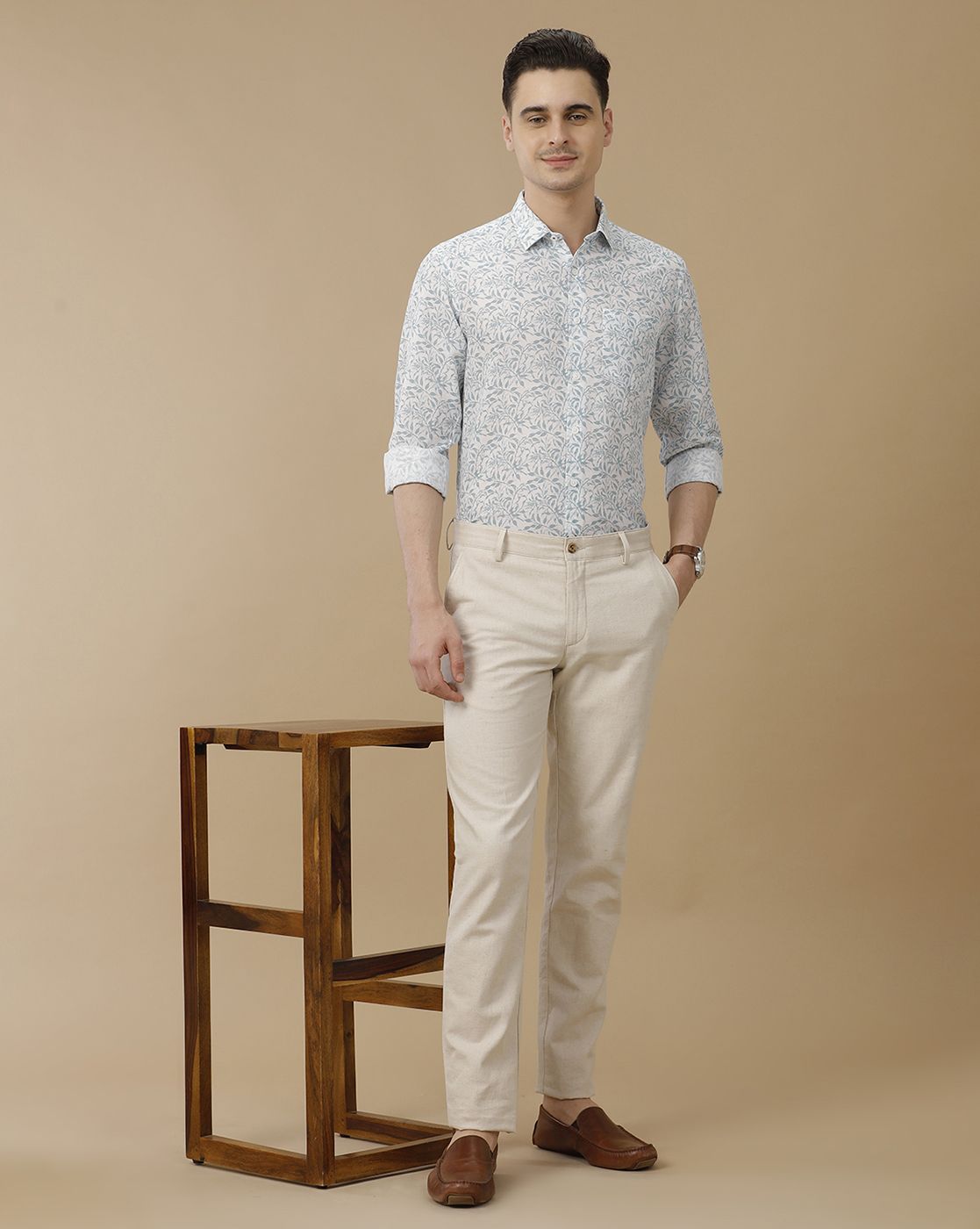 Men's Linen Rich Blue Printed Contemporary Fit Full Sleeve Casual Shirt