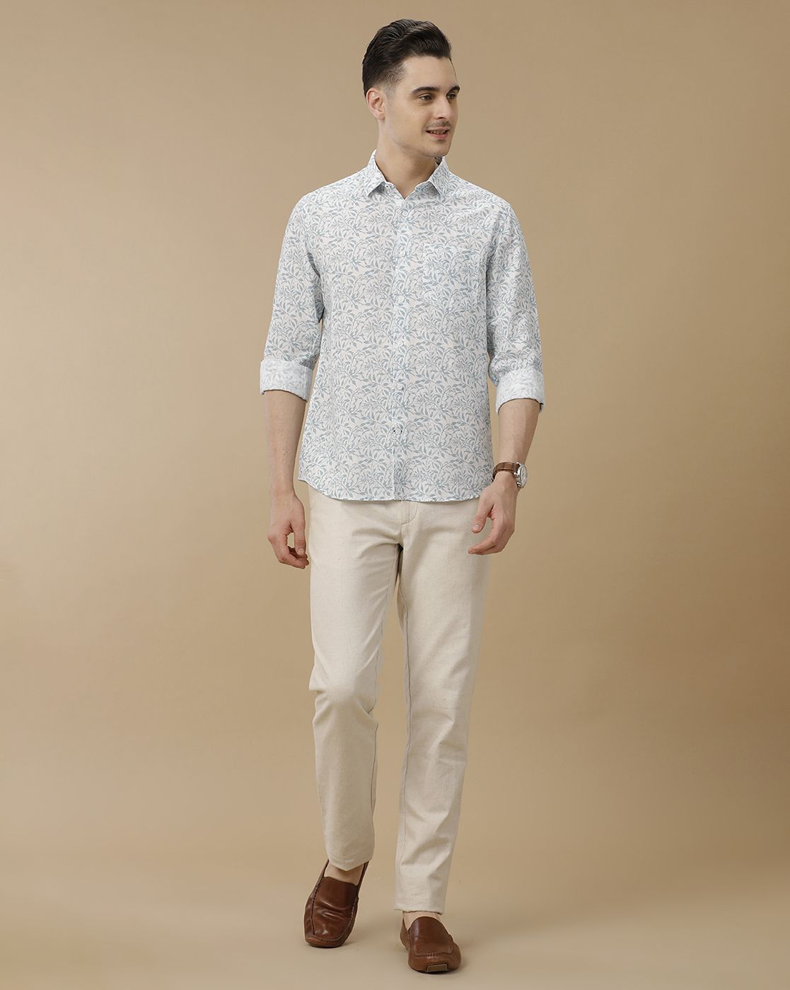 Men's Linen Rich Blue Printed Contemporary Fit Full Sleeve Casual Shirt