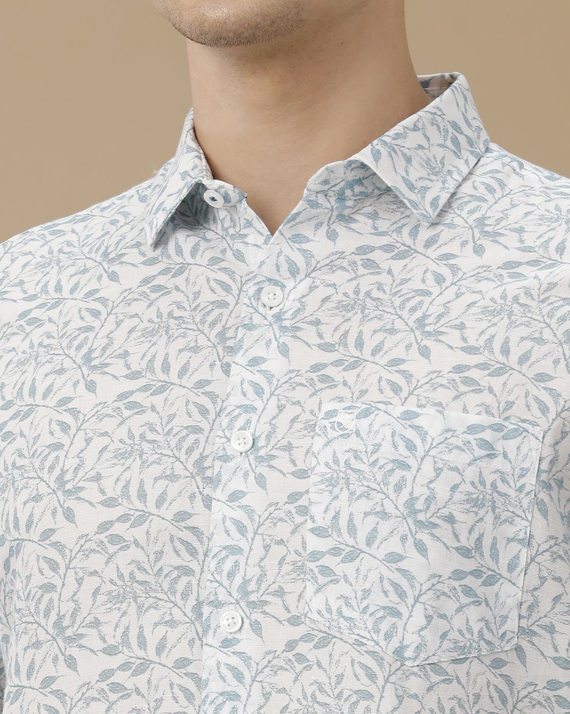 Men's Linen Rich Blue Printed Contemporary Fit Full Sleeve Casual Shirt