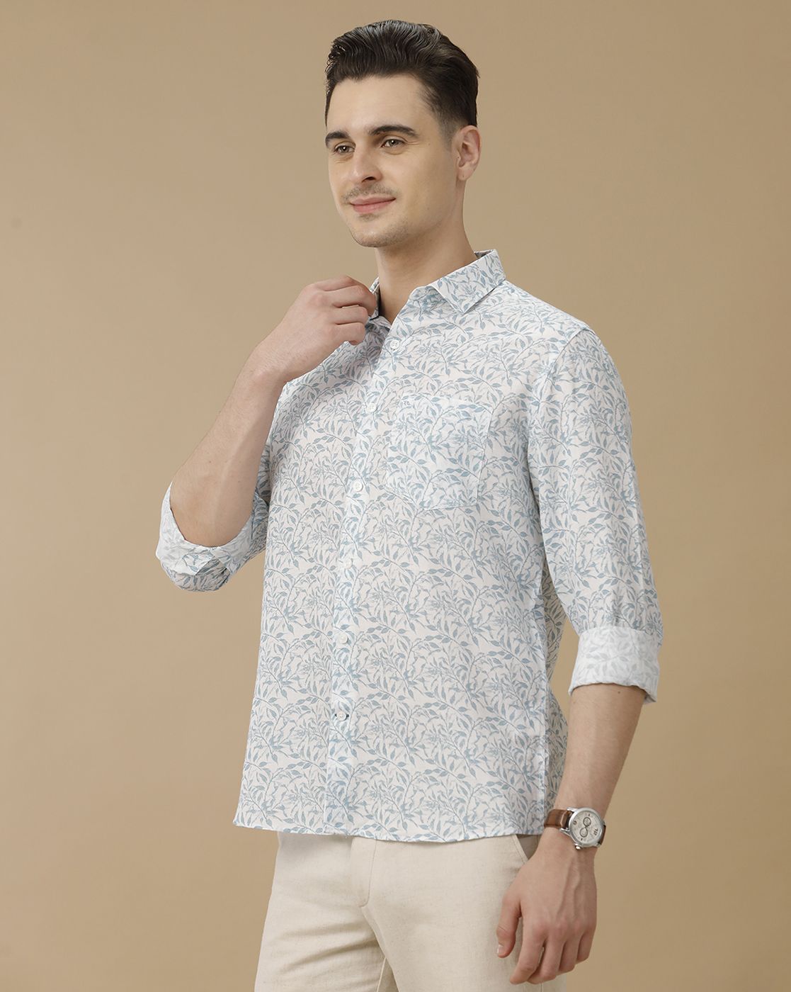 Men's Linen Rich Blue Printed Contemporary Fit Full Sleeve Casual Shirt
