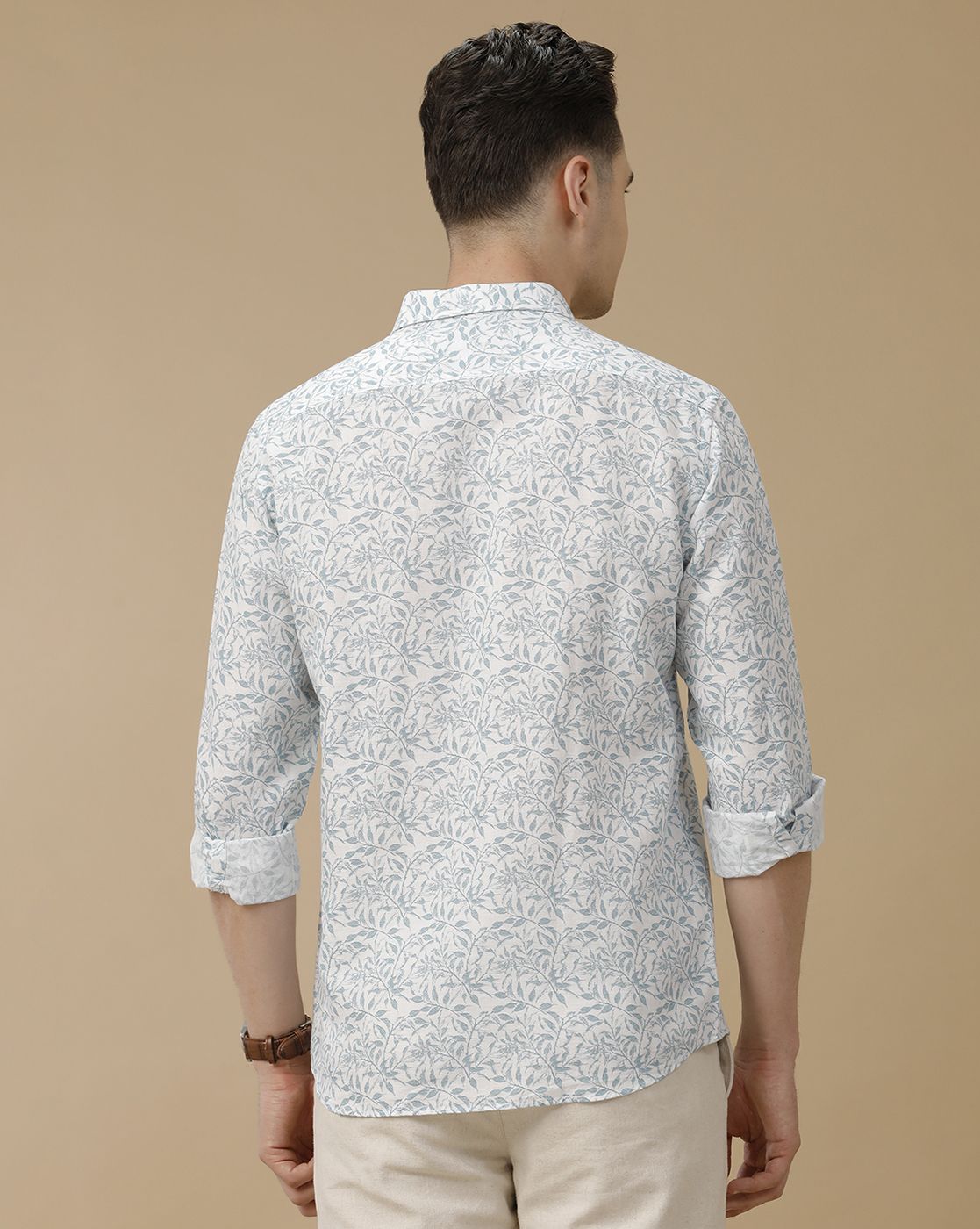 Men's Linen Rich Blue Printed Contemporary Fit Full Sleeve Casual Shirt