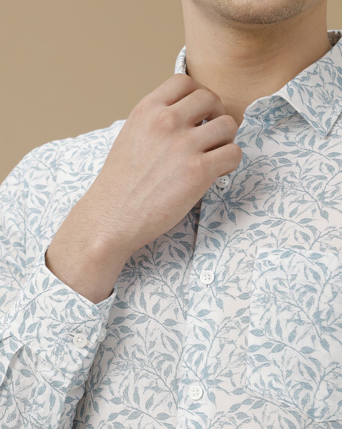 Men's Linen Rich Blue Printed Contemporary Fit Full Sleeve Casual Shirt