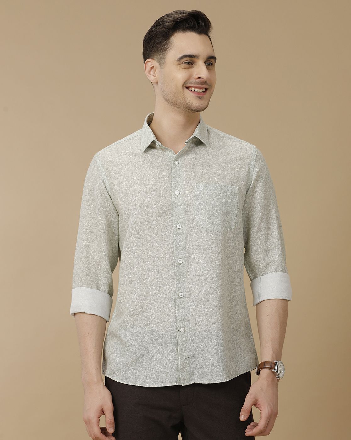 Men's Linen Rich Green Printed Contemporary Fit Full Sleeve Casual Shirt