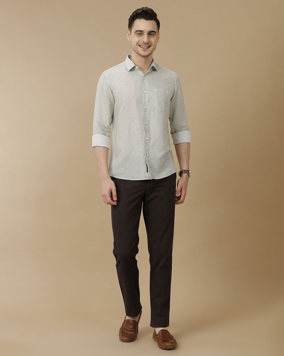 Men's Linen Rich Green Printed Contemporary Fit Full Sleeve Casual Shirt