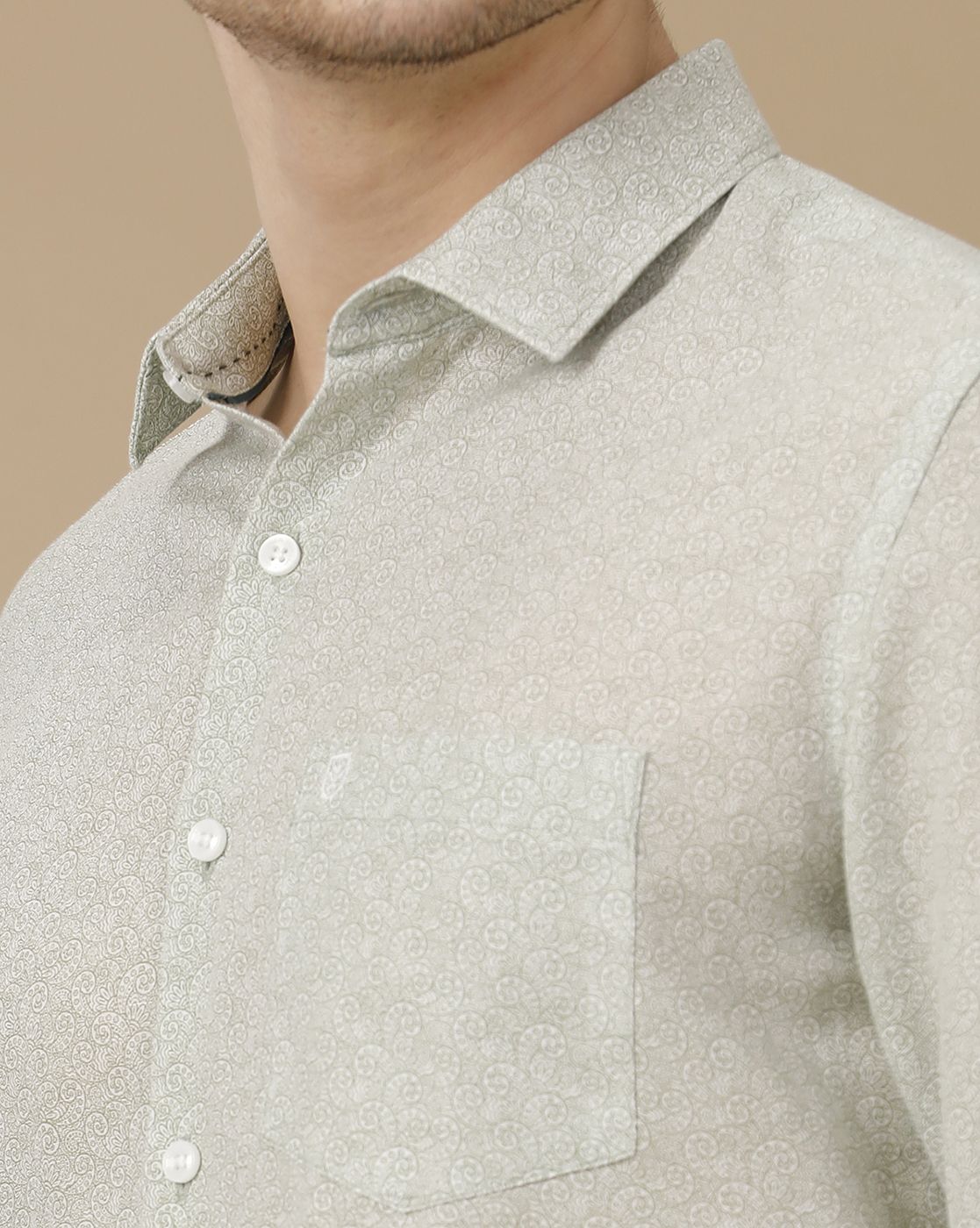 Men's Linen Rich Green Printed Contemporary Fit Full Sleeve Casual Shirt
