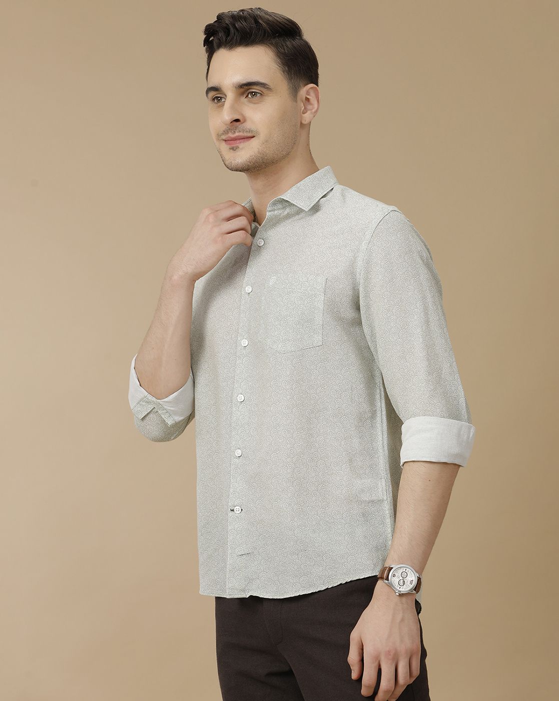 Men's Linen Rich Green Printed Contemporary Fit Full Sleeve Casual Shirt