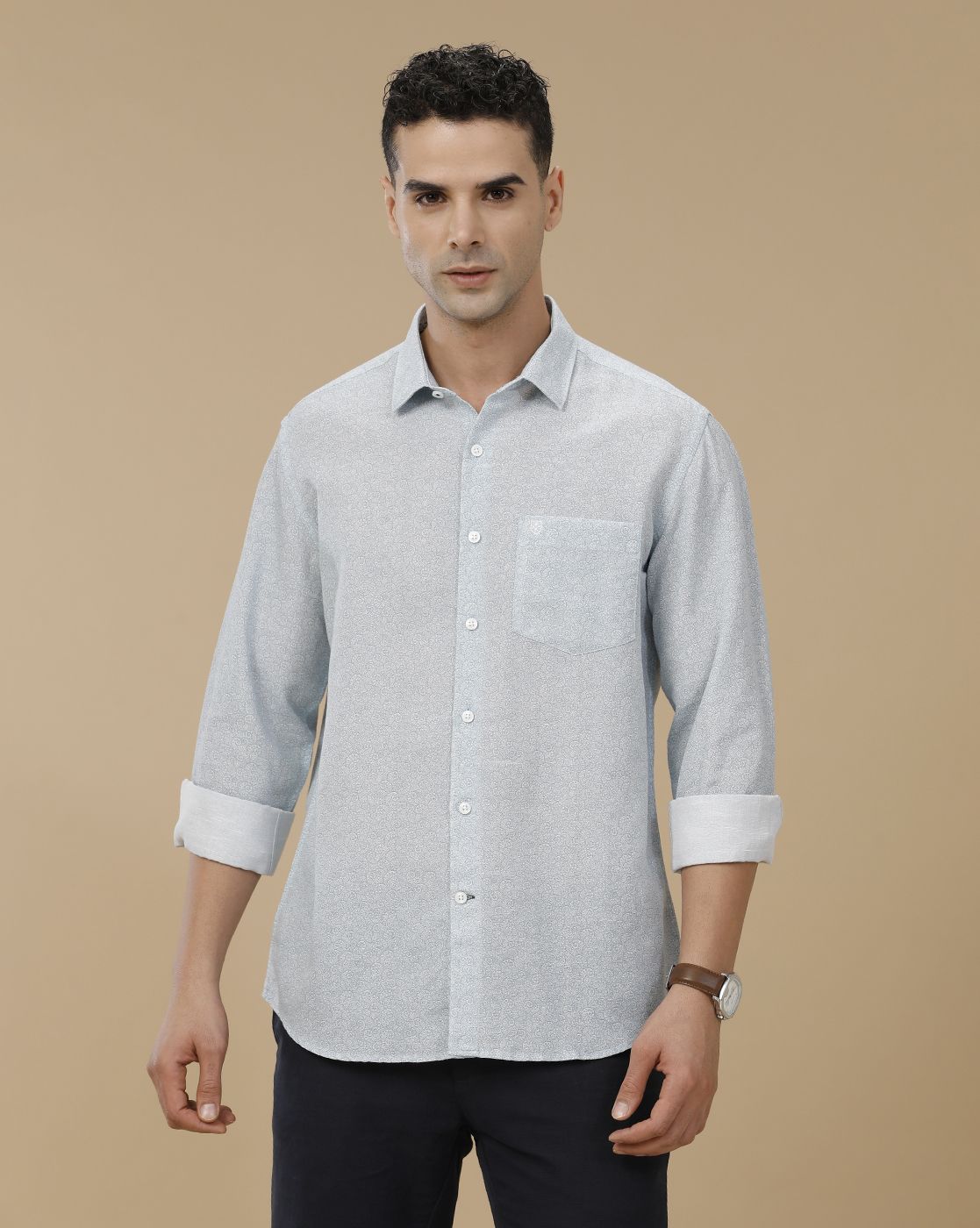 Linen Club Men's Linen Rich Blue Printed Contemporary Fit Full Sleeve Casual Shirt