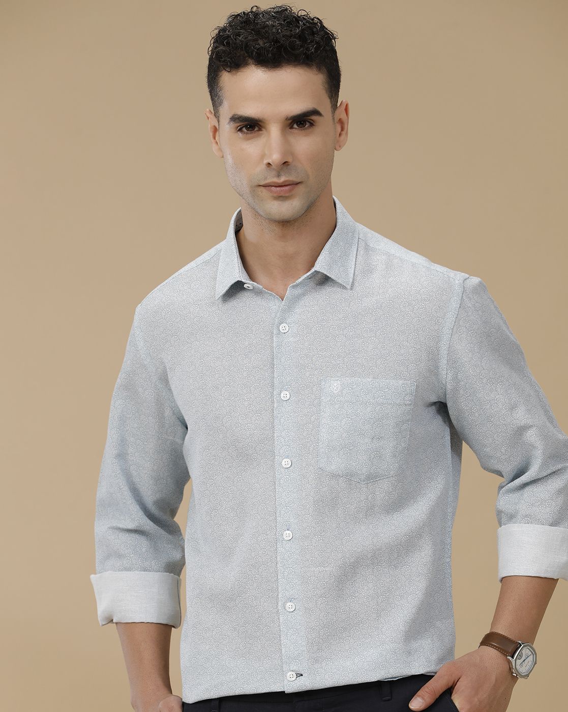 Linen Club Men's Linen Rich Blue Printed Contemporary Fit Full Sleeve Casual Shirt