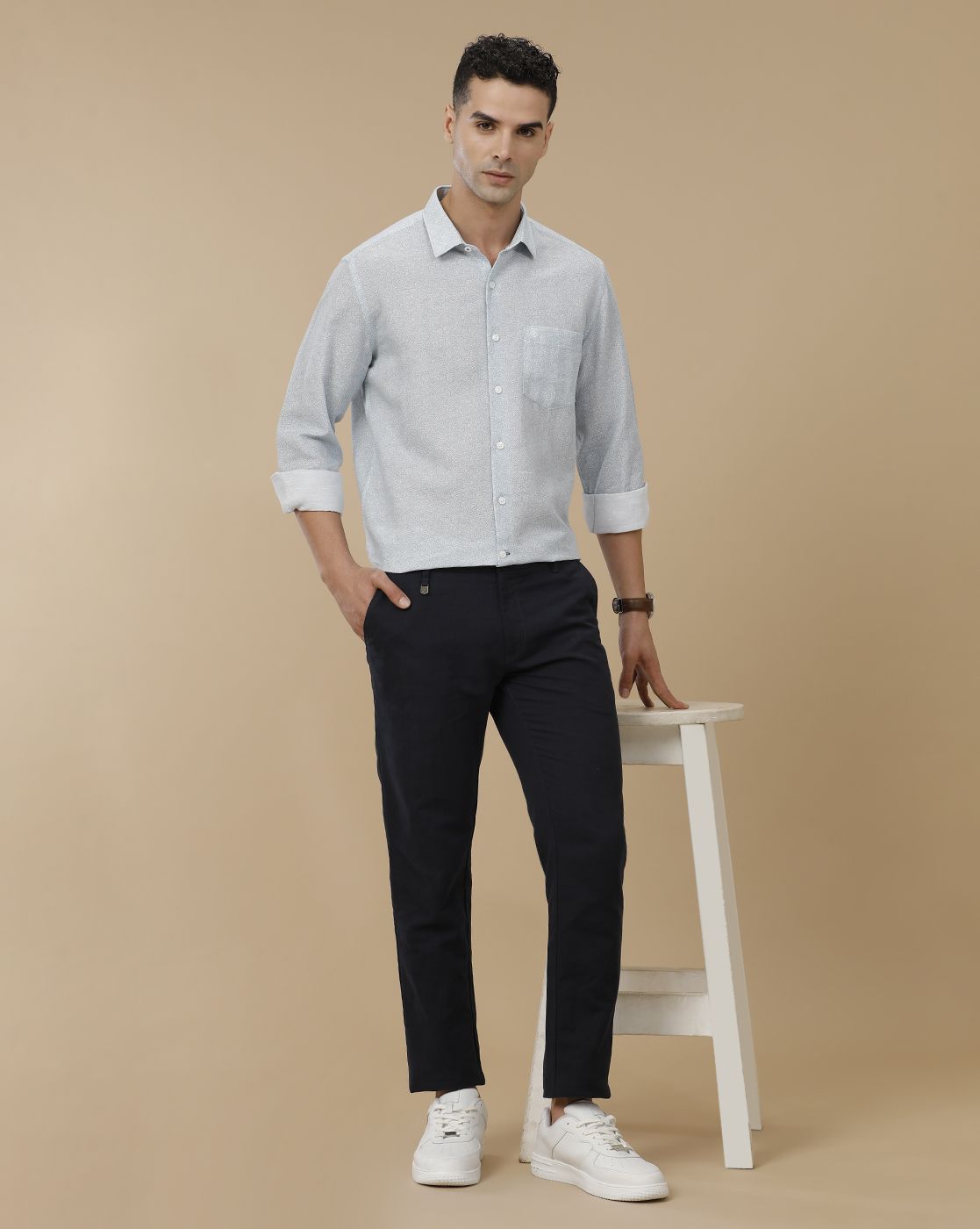 Linen Club Men's Linen Rich Blue Printed Contemporary Fit Full Sleeve Casual Shirt