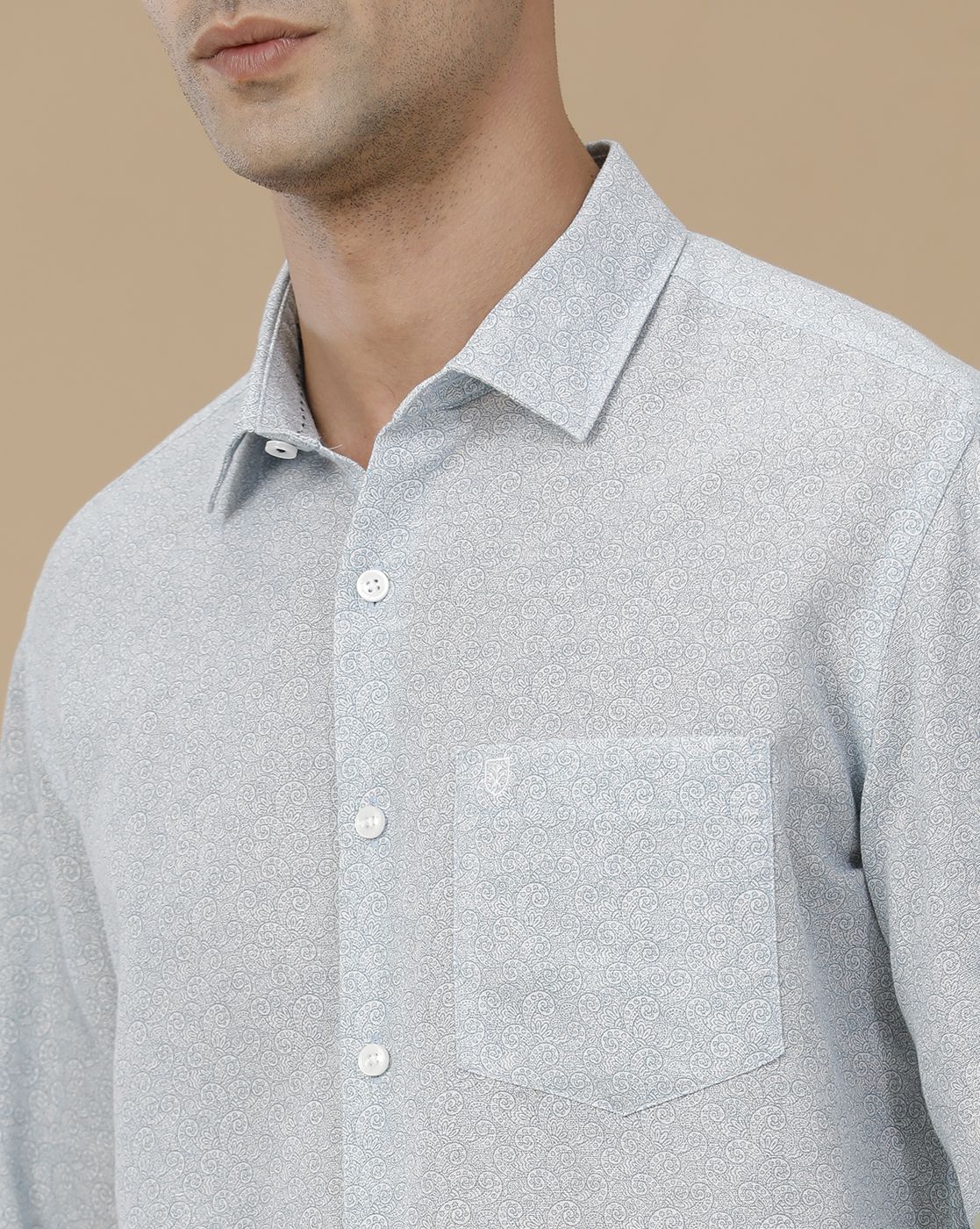 Linen Club Men's Linen Rich Blue Printed Contemporary Fit Full Sleeve Casual Shirt