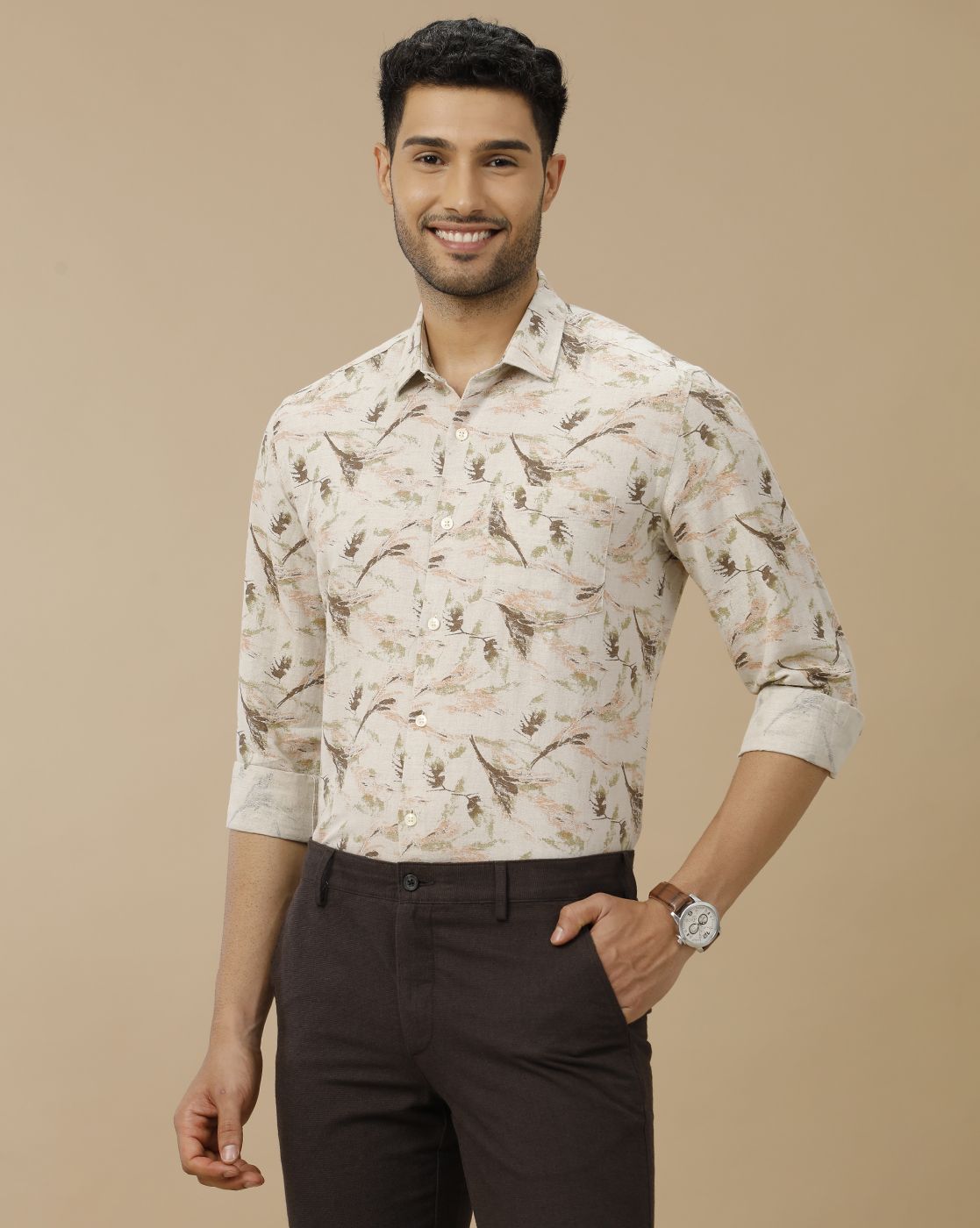 Men's Linen Rich Beige Printed Contemporary Fit Full Sleeve Casual Shirt