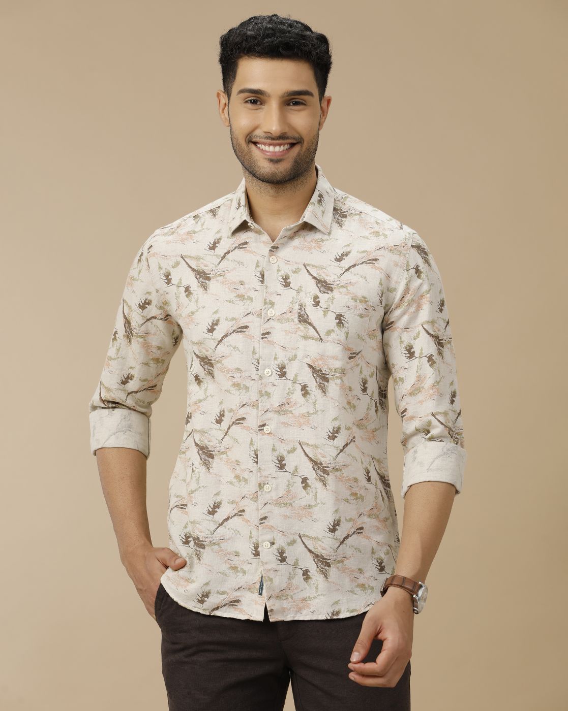Men's Linen Rich Beige Printed Contemporary Fit Full Sleeve Casual Shirt