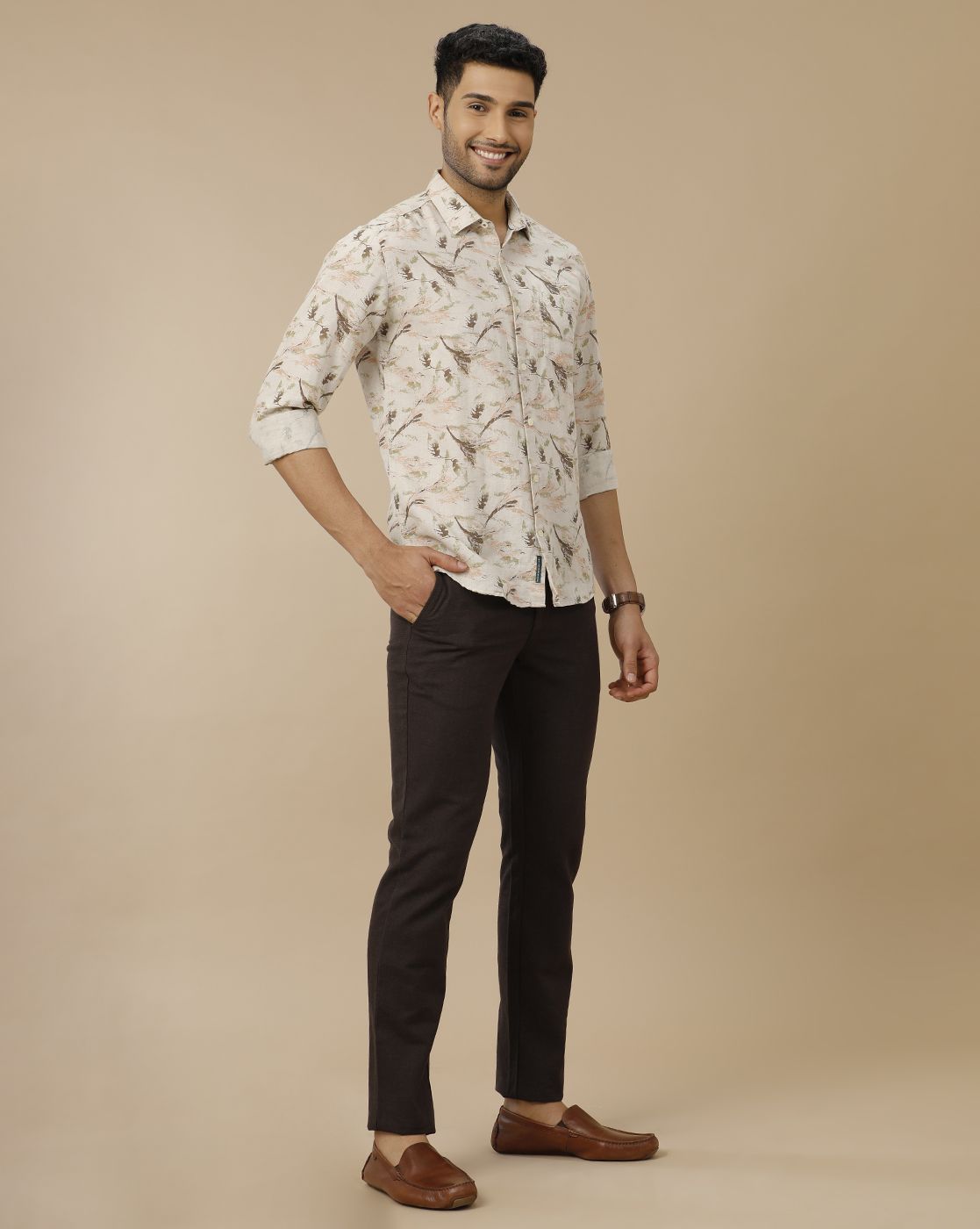 Men's Linen Rich Beige Printed Contemporary Fit Full Sleeve Casual Shirt
