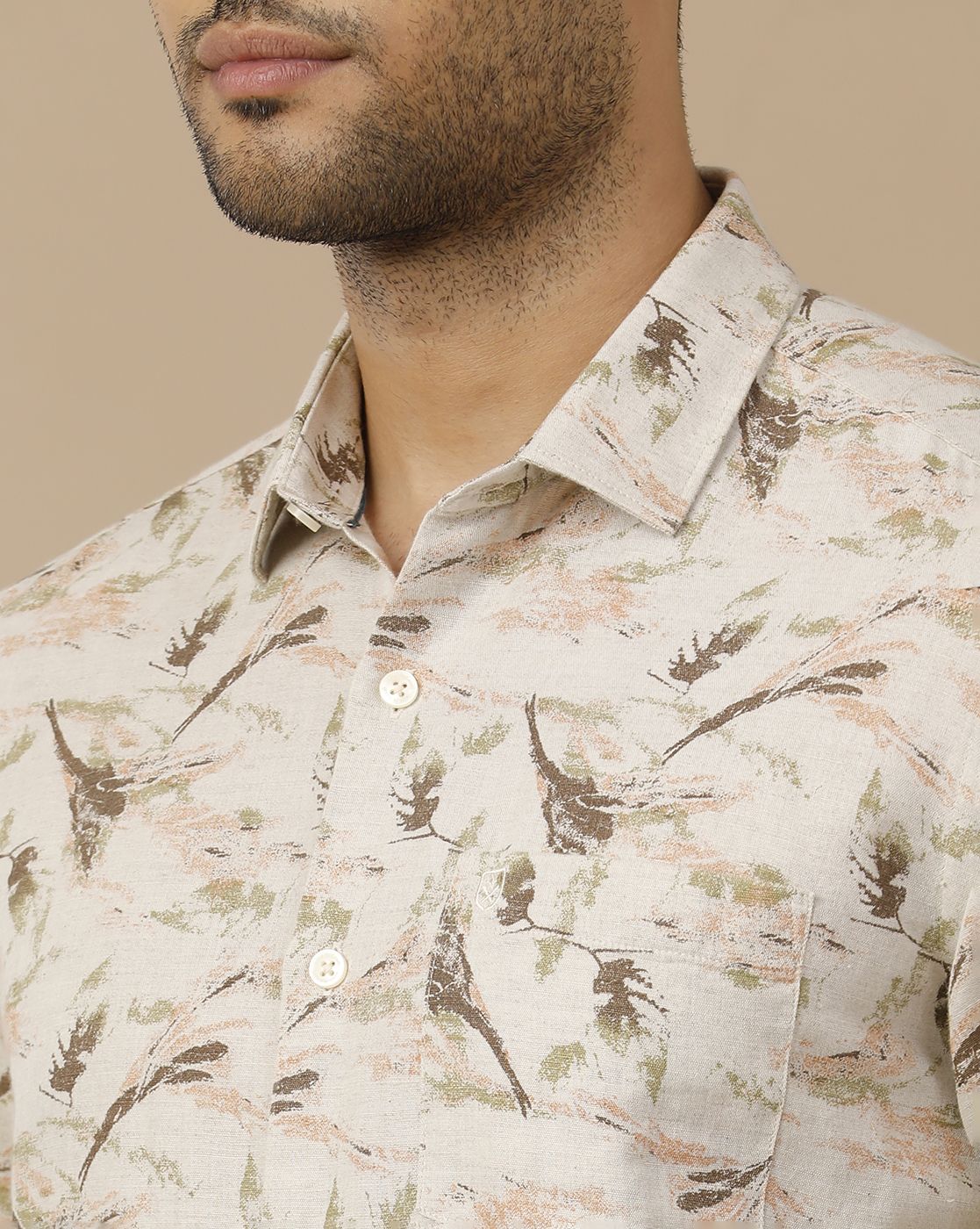 Men's Linen Rich Beige Printed Contemporary Fit Full Sleeve Casual Shirt