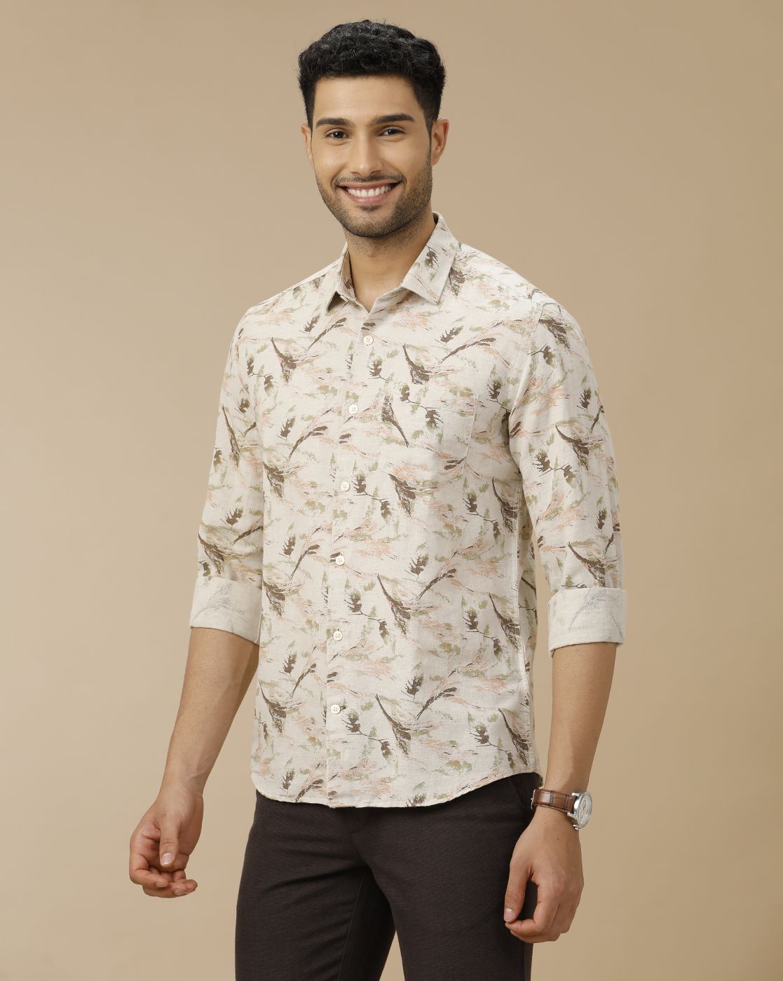 Men's Linen Rich Beige Printed Contemporary Fit Full Sleeve Casual Shirt