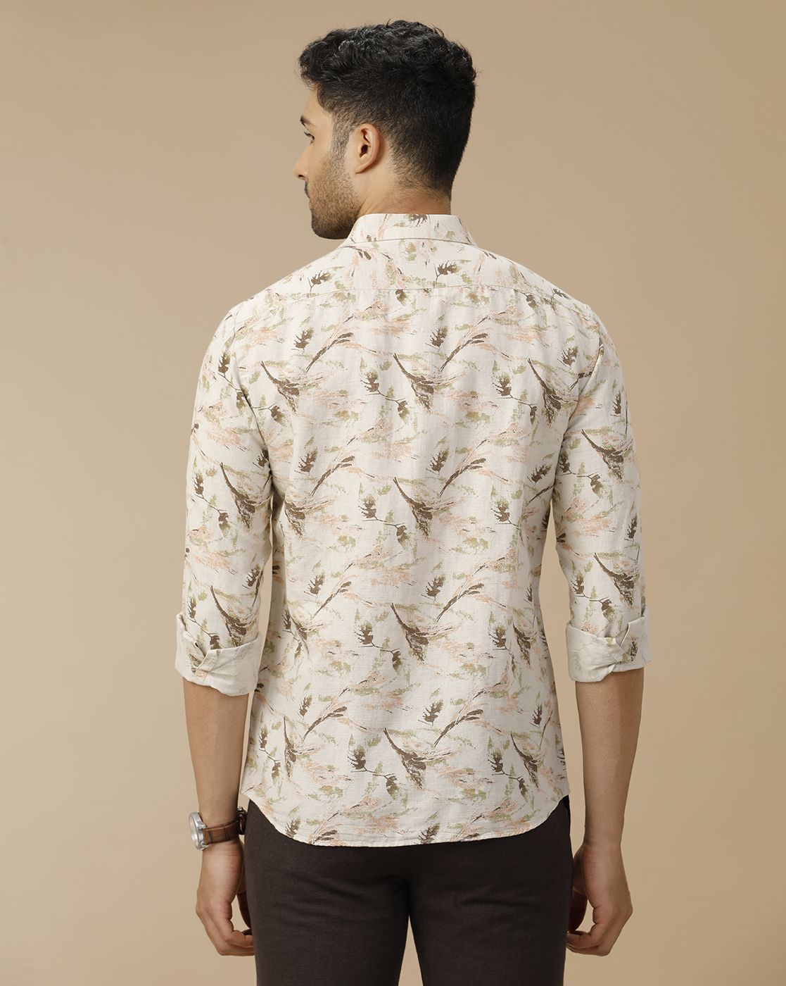 Men's Linen Rich Beige Printed Contemporary Fit Full Sleeve Casual Shirt