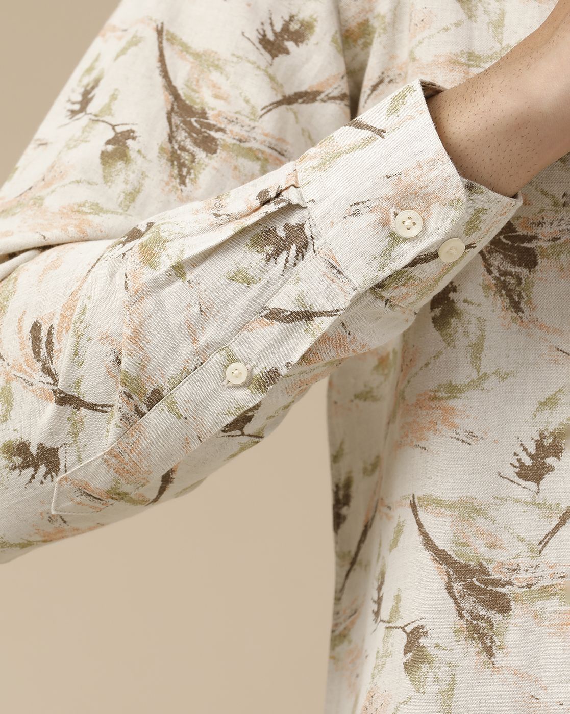 Men's Linen Rich Beige Printed Contemporary Fit Full Sleeve Casual Shirt