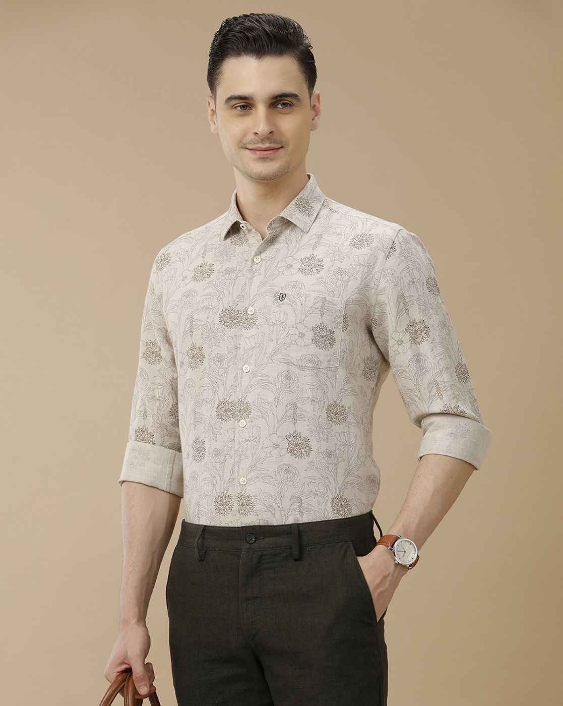 Men's Linen Rich Brown Printed Contemporary Fit Full Sleeve Casual Shirt