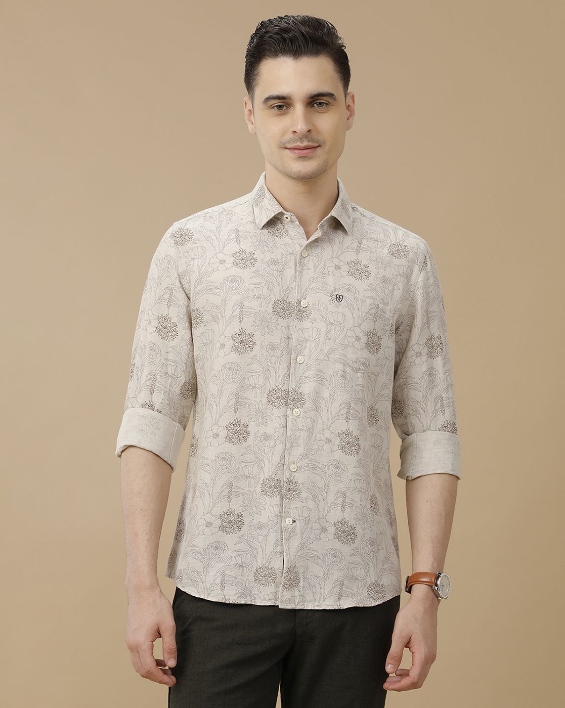 Men's Linen Rich Brown Printed Contemporary Fit Full Sleeve Casual Shirt