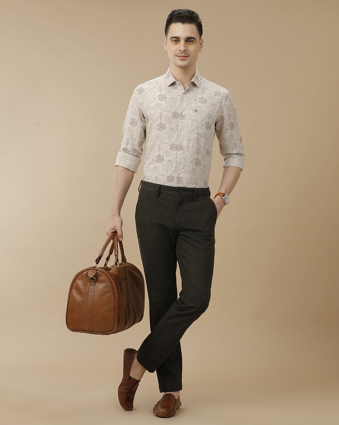 Men's Linen Rich Brown Printed Contemporary Fit Full Sleeve Casual Shirt