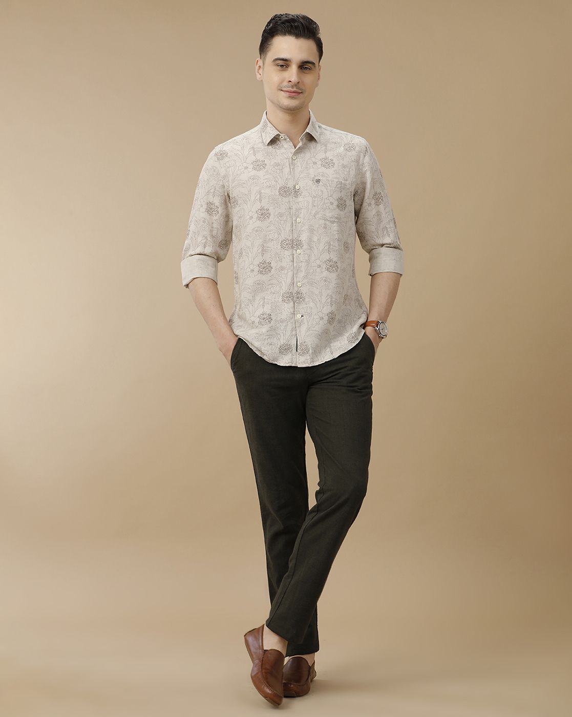 Men's Linen Rich Brown Printed Contemporary Fit Full Sleeve Casual Shirt