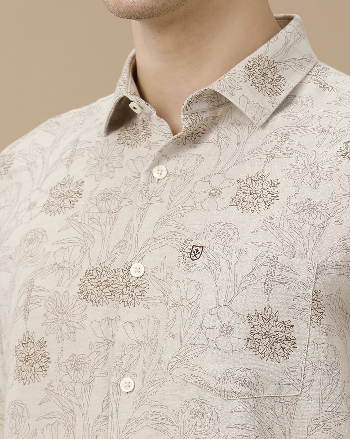 Men's Linen Rich Brown Printed Contemporary Fit Full Sleeve Casual Shirt