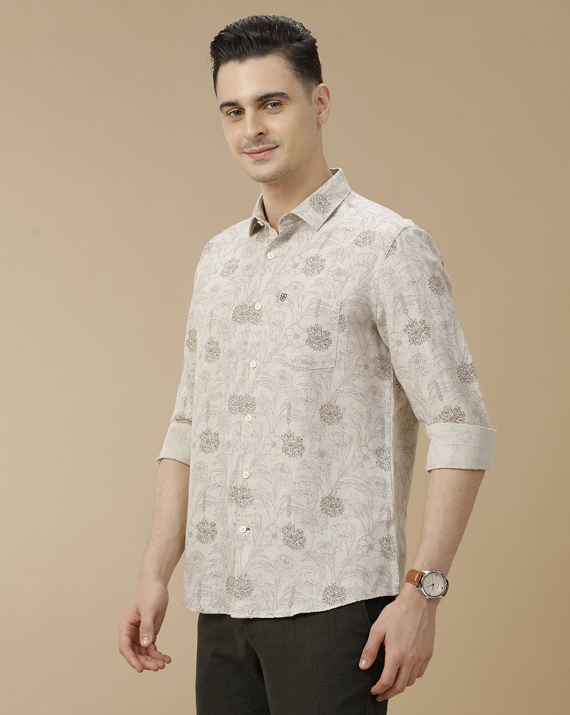 Men's Linen Rich Brown Printed Contemporary Fit Full Sleeve Casual Shirt