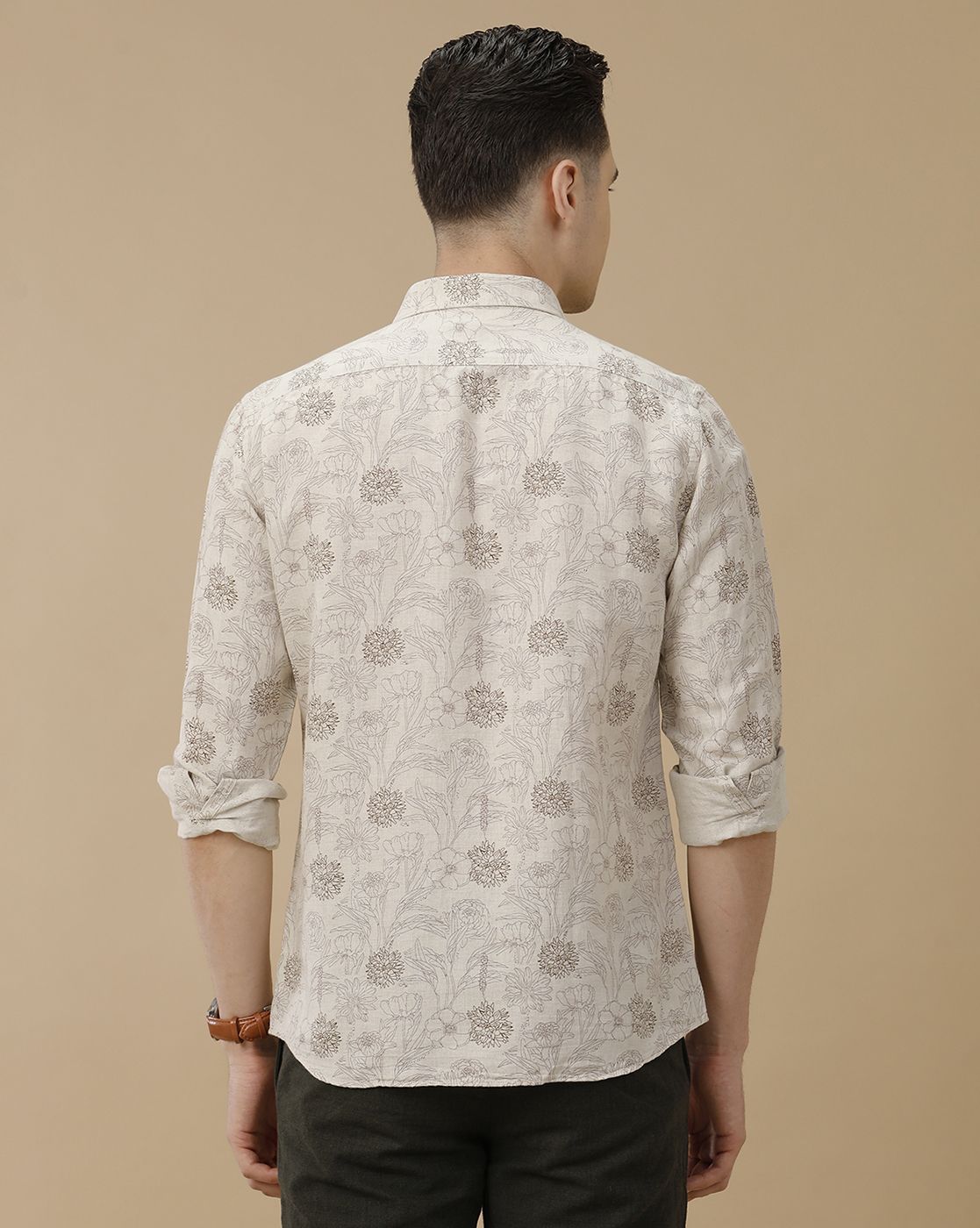 Men's Linen Rich Brown Printed Contemporary Fit Full Sleeve Casual Shirt