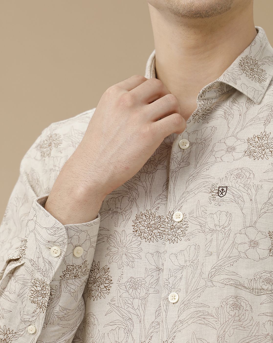 Men's Linen Rich Brown Printed Contemporary Fit Full Sleeve Casual Shirt