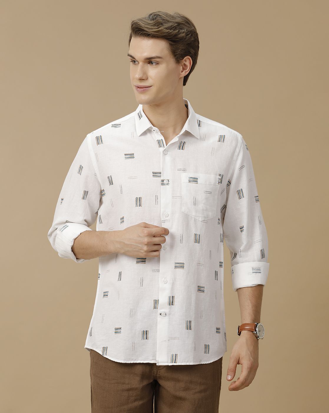 Men's Linen Rich White Printed Contemporary Fit Full Sleeve Casual Shirt