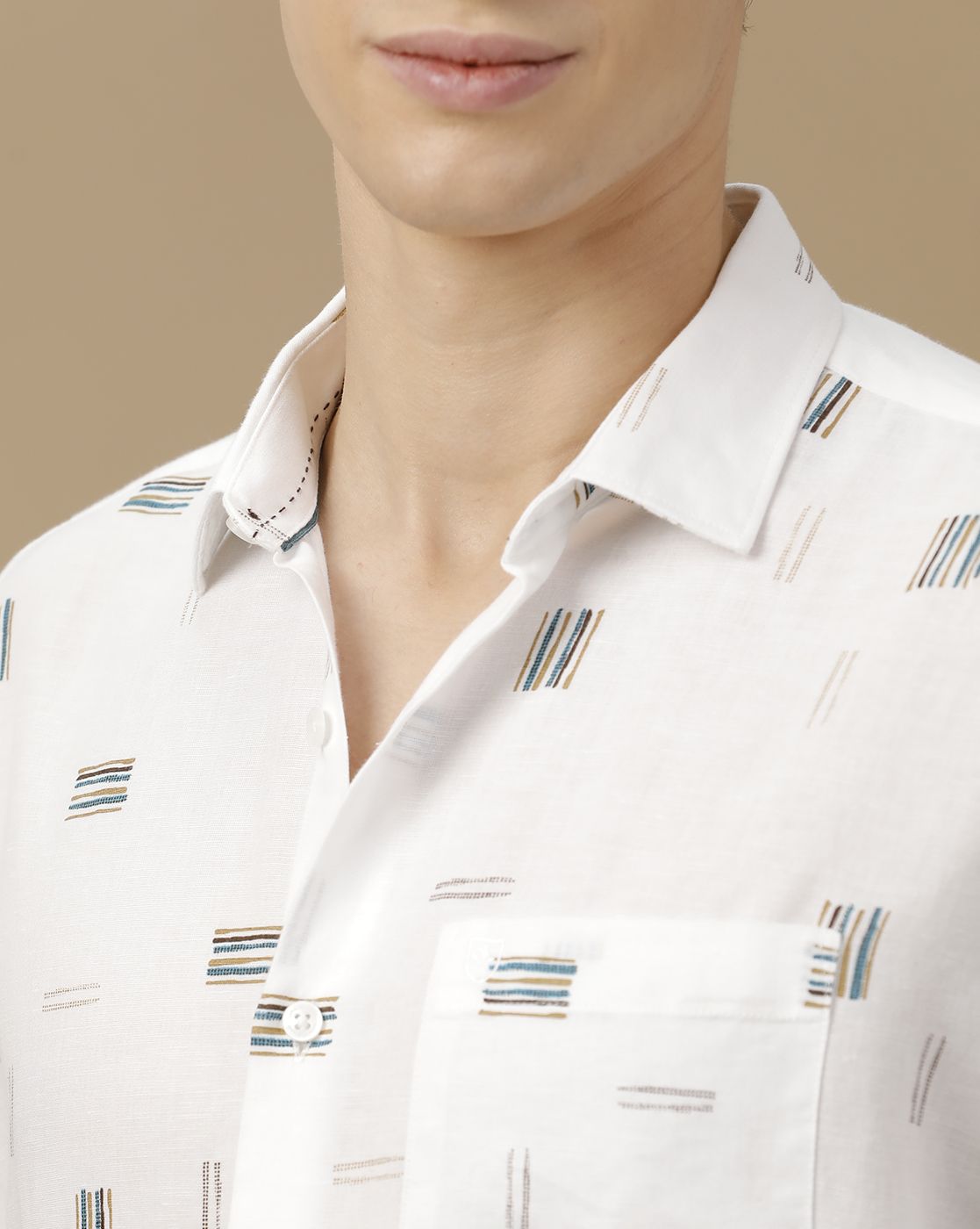 Men's Linen Rich White Printed Contemporary Fit Full Sleeve Casual Shirt