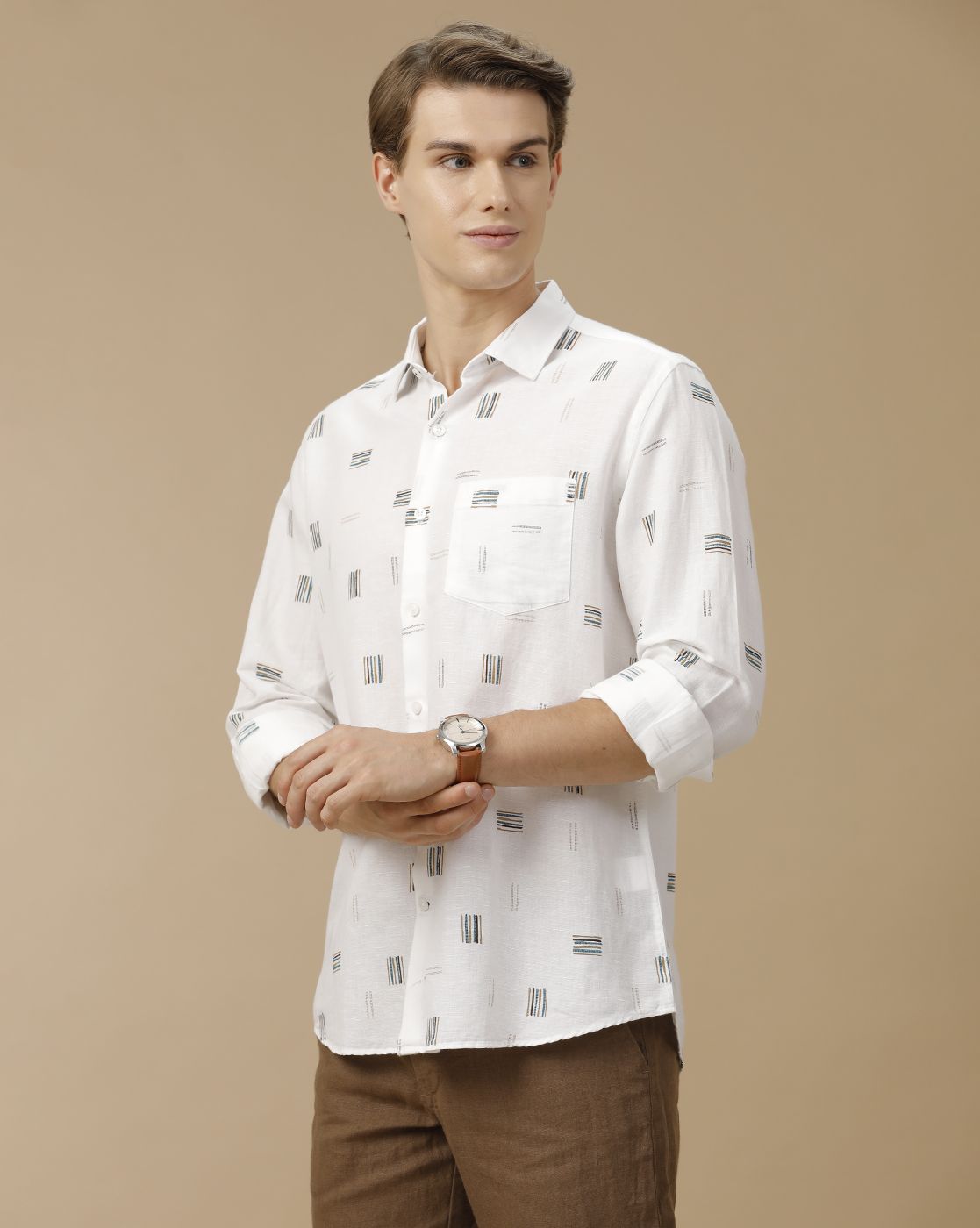 Men's Linen Rich White Printed Contemporary Fit Full Sleeve Casual Shirt