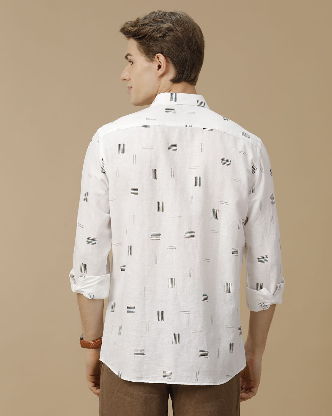 Men's Linen Rich White Printed Contemporary Fit Full Sleeve Casual Shirt