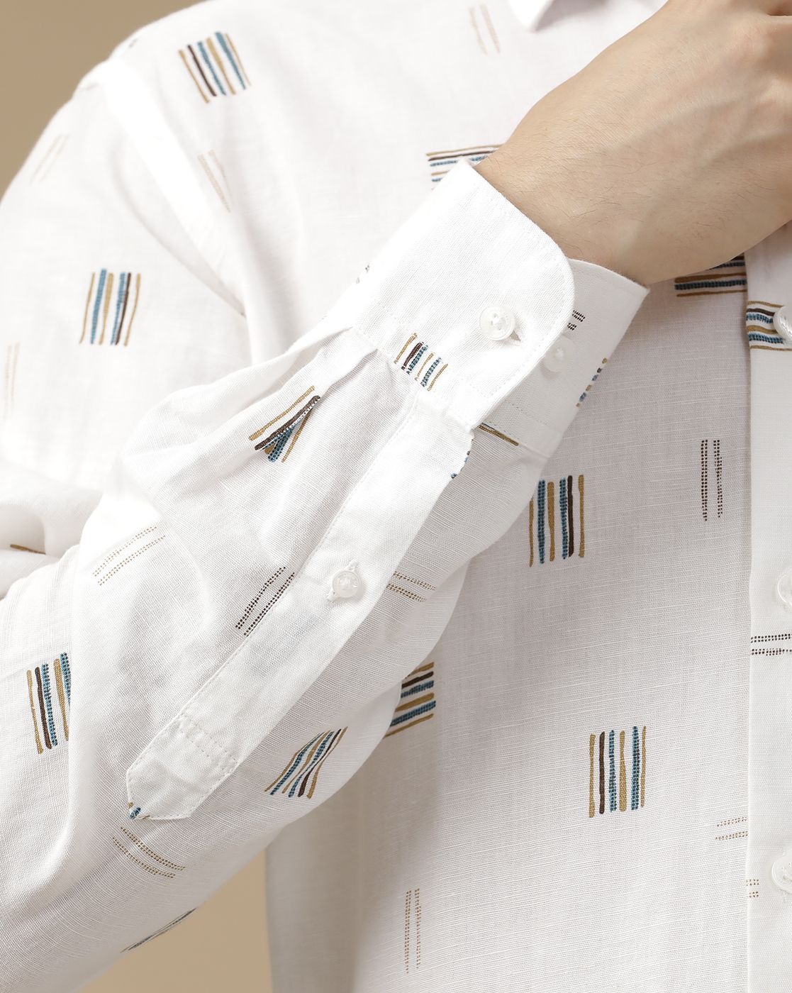 Men's Linen Rich White Printed Contemporary Fit Full Sleeve Casual Shirt