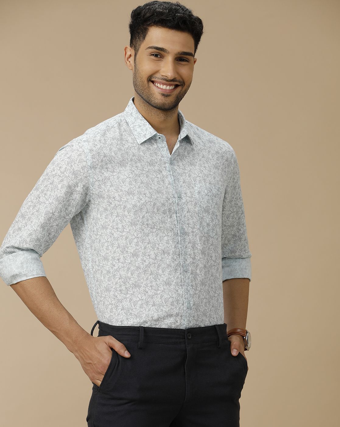 Men's Linen Rich Blue Printed Contemporary Fit Full Sleeve Casual Shirt