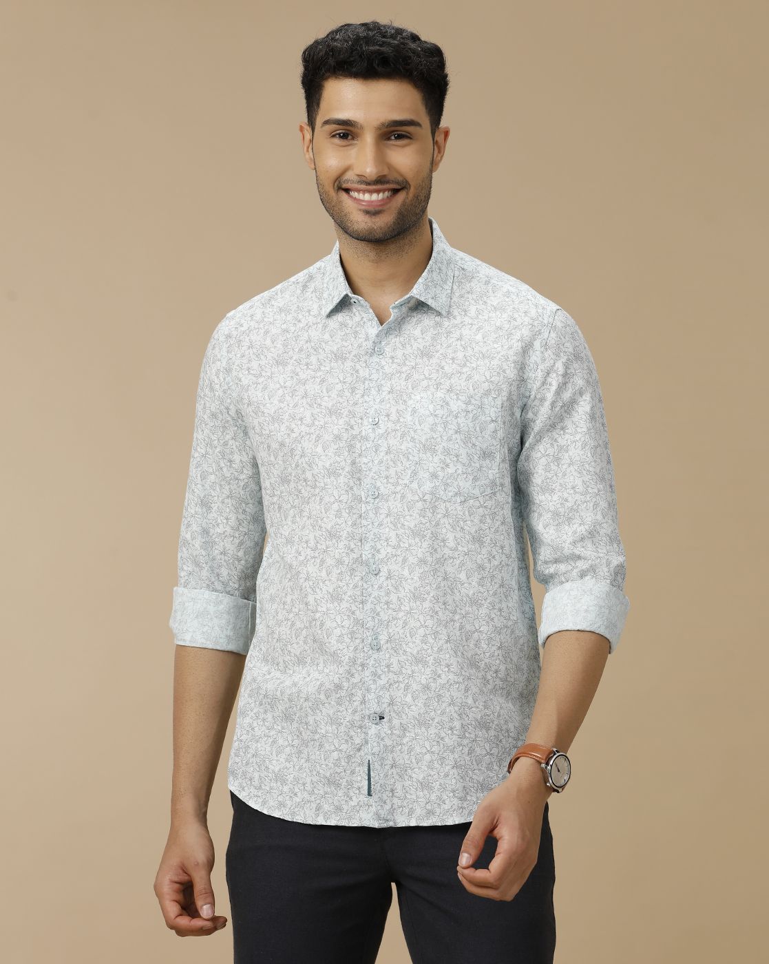 Men's Linen Rich Blue Printed Contemporary Fit Full Sleeve Casual Shirt