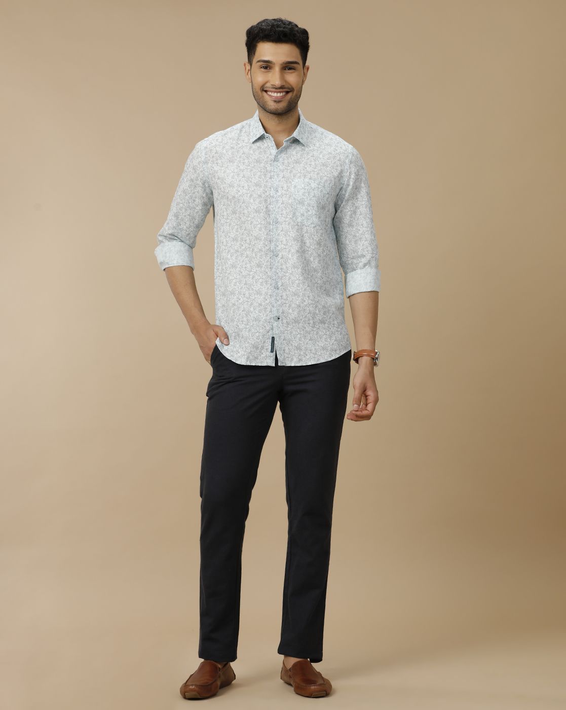 Men's Linen Rich Blue Printed Contemporary Fit Full Sleeve Casual Shirt
