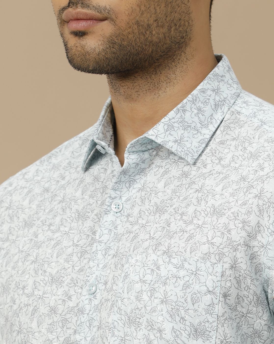 Men's Linen Rich Blue Printed Contemporary Fit Full Sleeve Casual Shirt