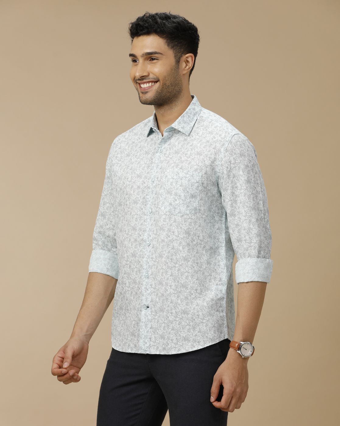 Men's Linen Rich Blue Printed Contemporary Fit Full Sleeve Casual Shirt