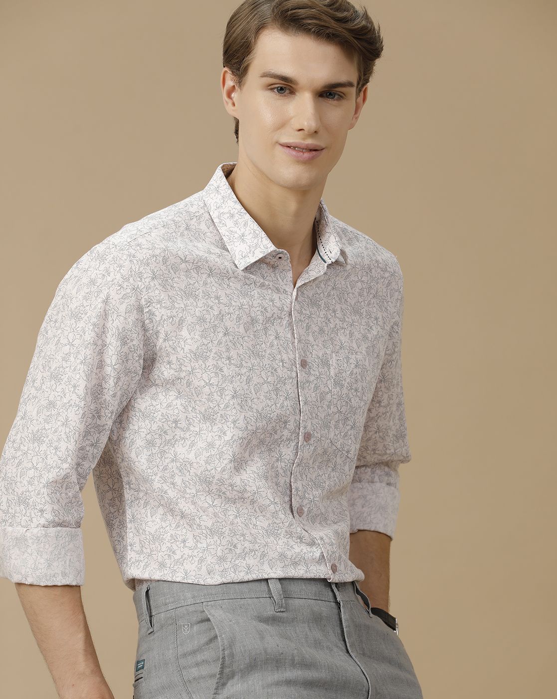 Men's Linen Rich Pink Printed Contemporary Fit Full Sleeve Casual Shirt