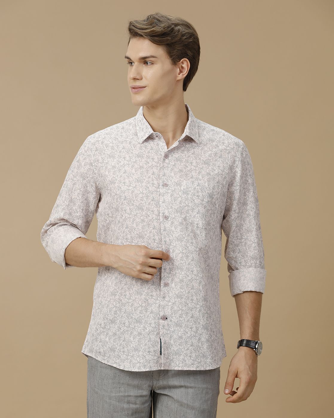 Men's Linen Rich Pink Printed Contemporary Fit Full Sleeve Casual Shirt